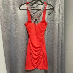 CRISTINA Tangerine Bright Orange Bodycon Wrap Mini Dress w Rhinestones - Sz M